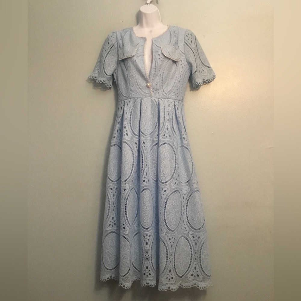 Dalia Powder Blue Lace Midi Dress with Peter Pan Collar
